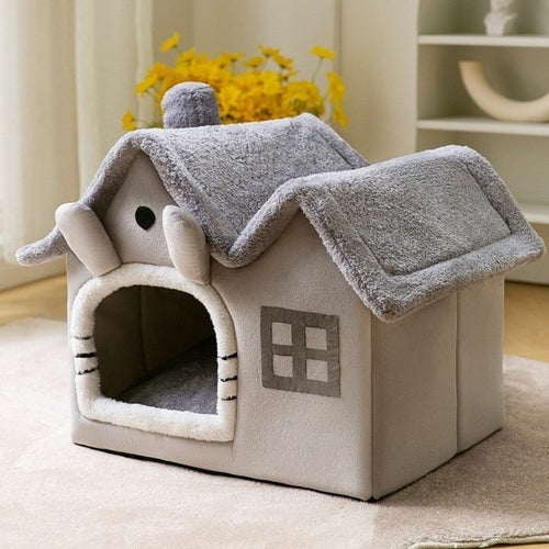 Plush Pet Bed House with Detachable Soft Roof