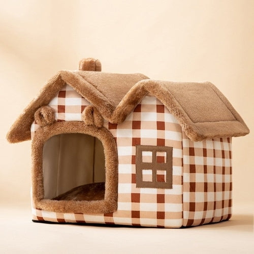 Plush Pet Bed House with Detachable Soft Roof