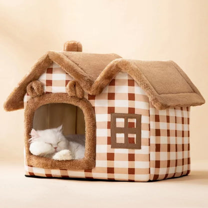 Plush Pet Bed House with Detachable Soft Roof