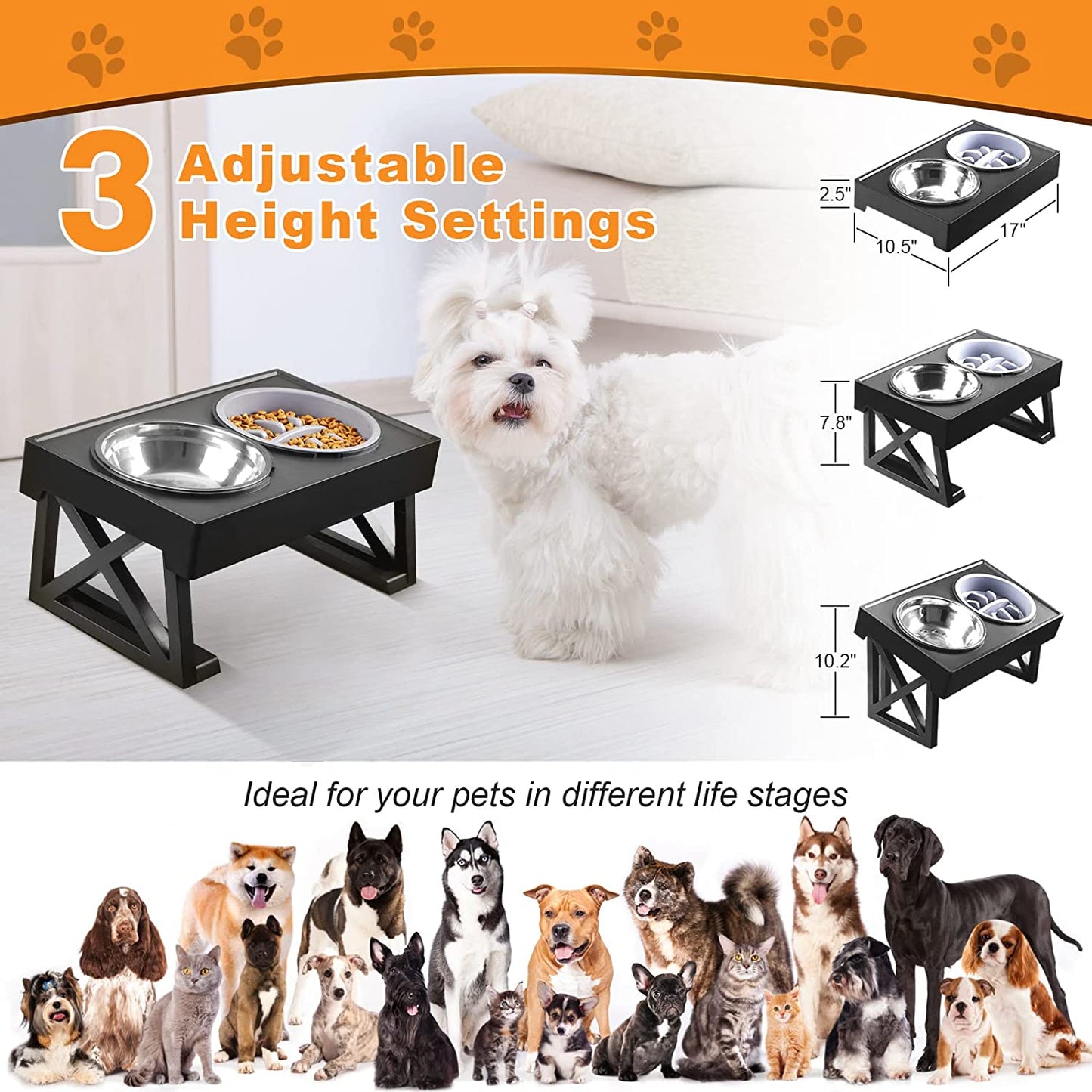 Dog Double Bowls Stand Adjustable Height Pet Feeding Dish Bowl Medium