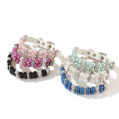 Artificial Pearl Collar with Rhinestone & PU Leather for dogs or cats