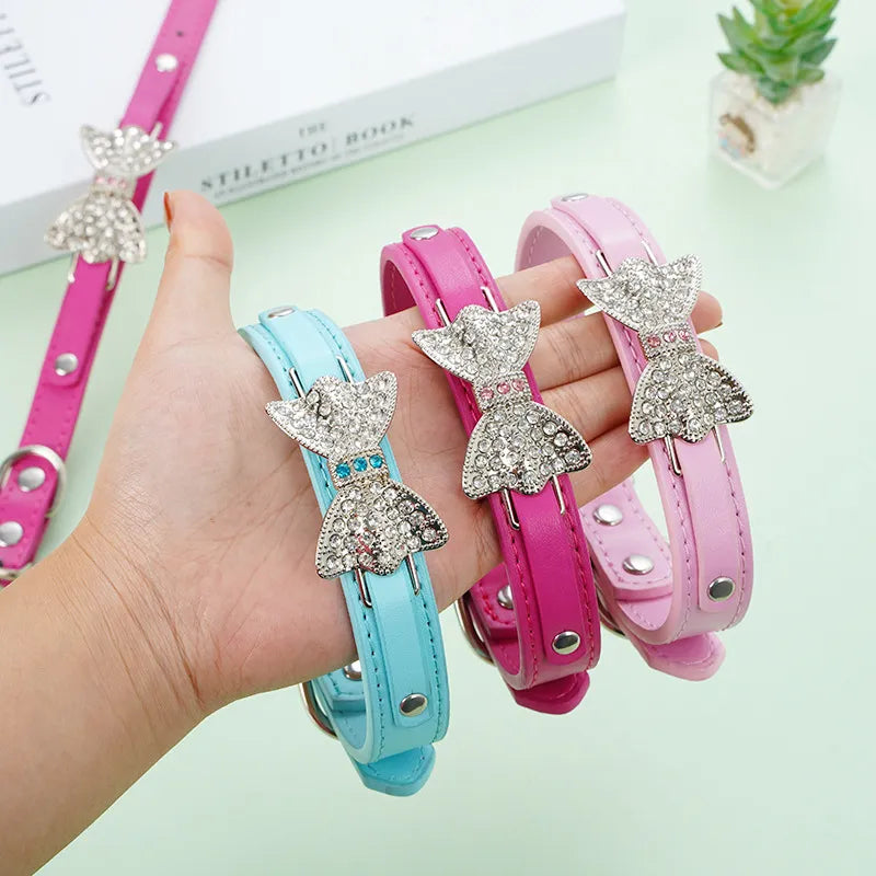 PU Leather Collar with Rhinestone Bowknot