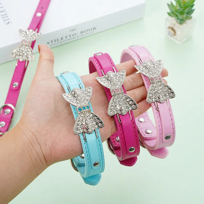 PU Leather Collar with Rhinestone Bowknot