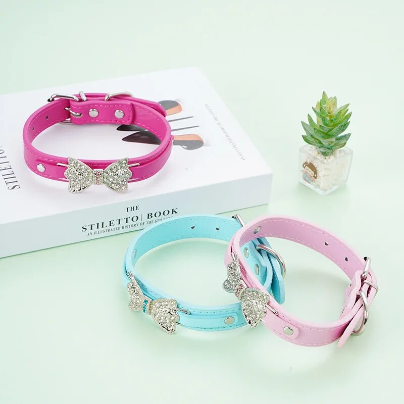 PU Leather Collar with Rhinestone Bowknot